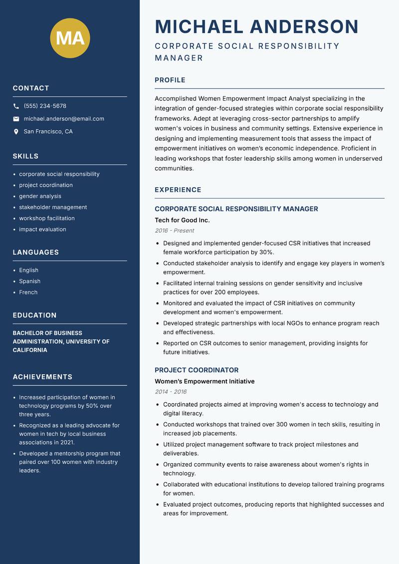 Women Empowerment Impact Analyst Resume Preview Example