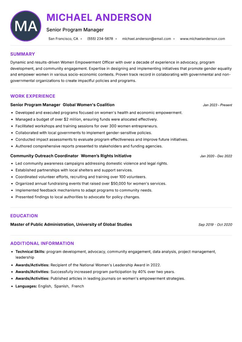 Women Empowerment Officer Resume Preview Example