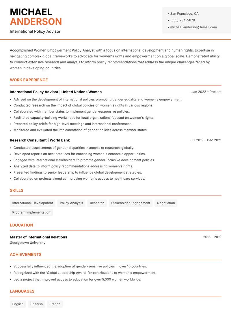 Women Empowerment Policy Analyst Resume Template
