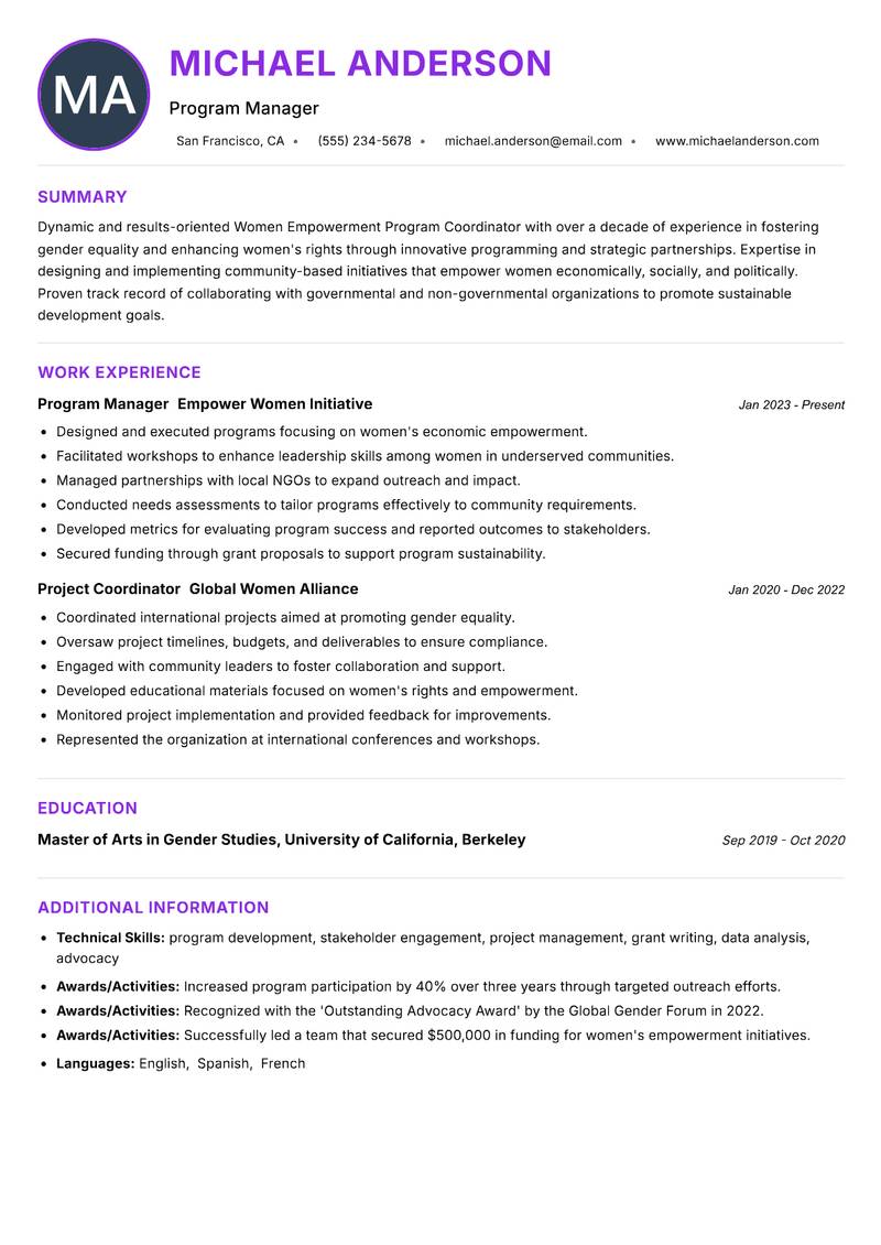 Women Empowerment Program Coordinator Resume Preview Example