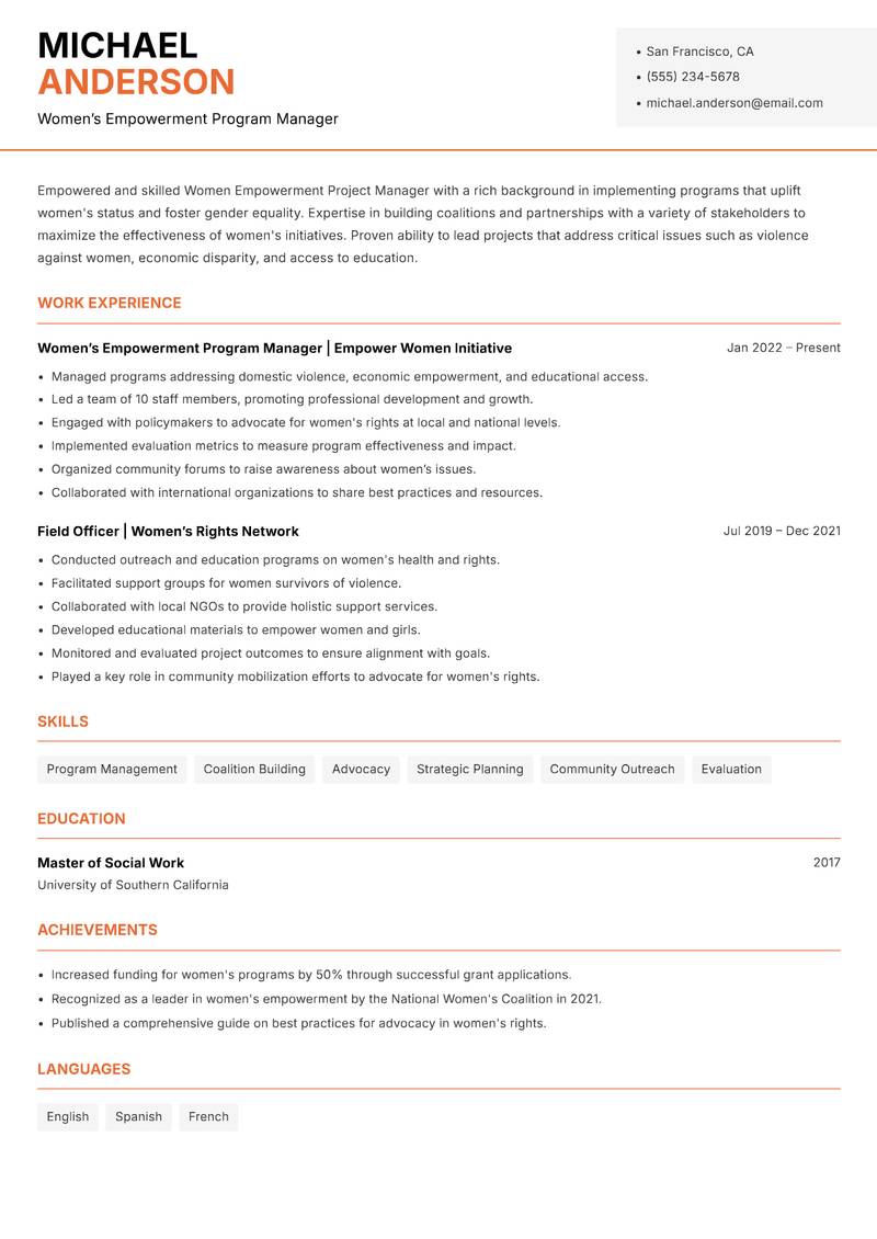 Women Empowerment Project Manager Resume Template
