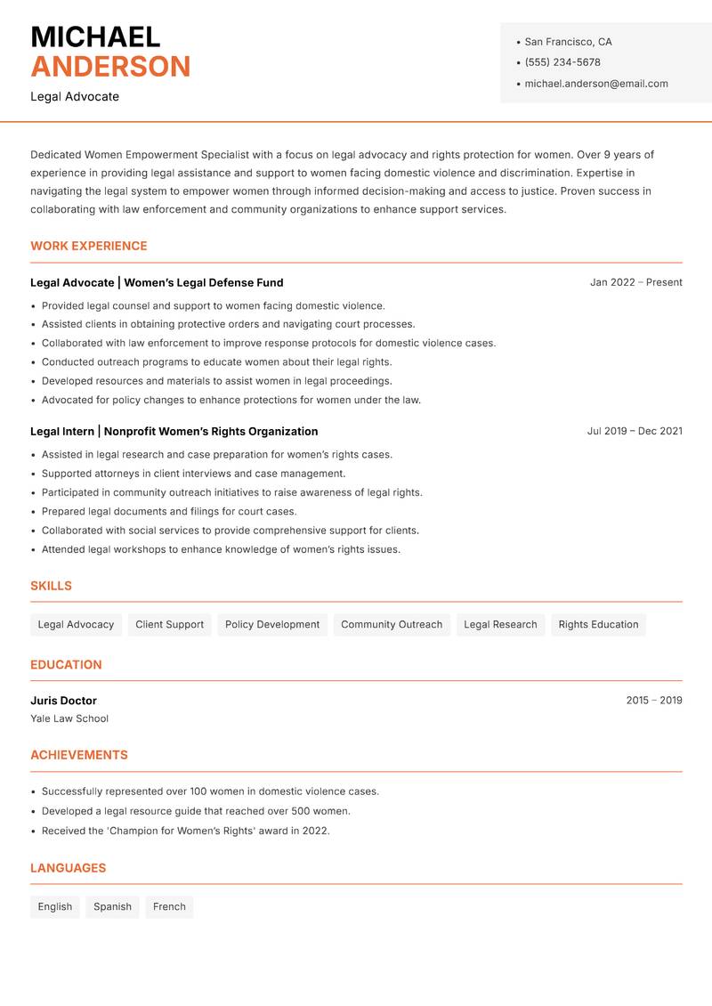Women Empowerment Specialist Resume Template