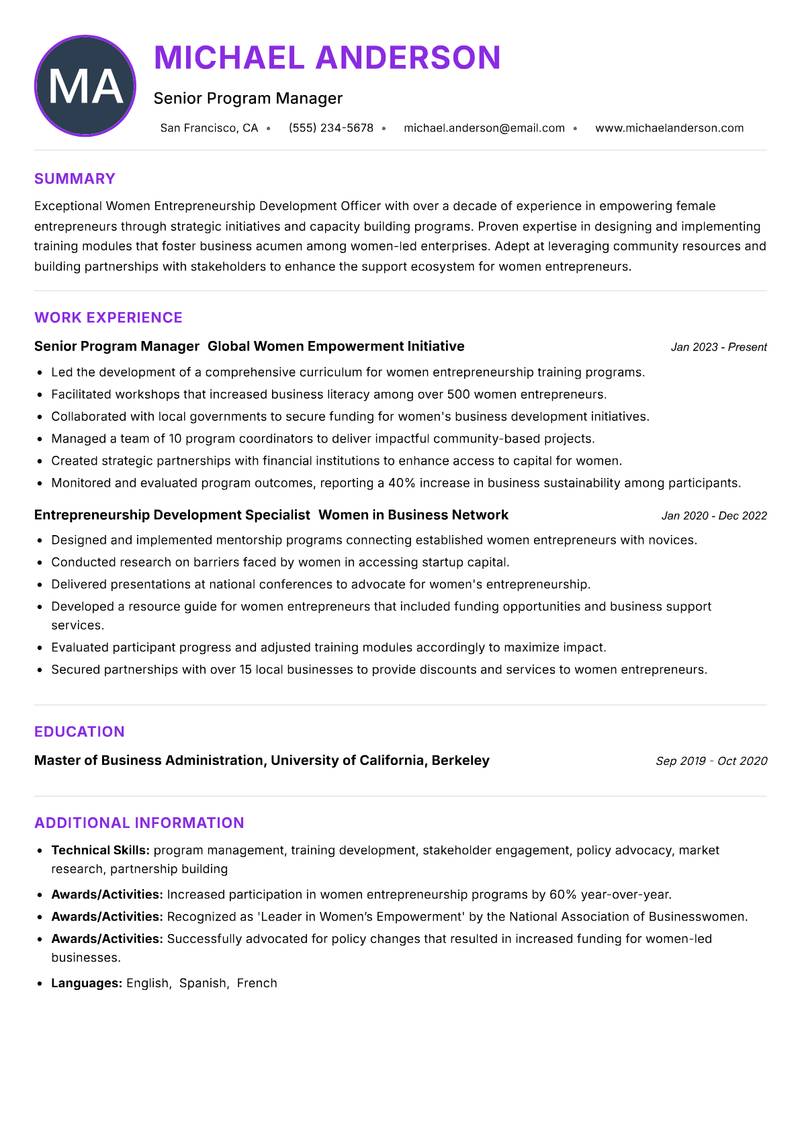 Women Entrepreneurship Development Officer Resume Preview Example