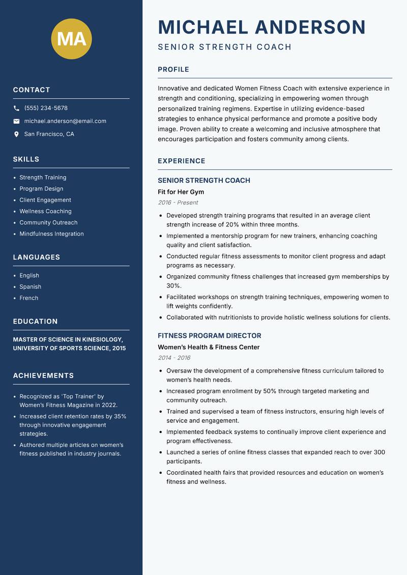 Women Fitness Coach Resume Preview Example