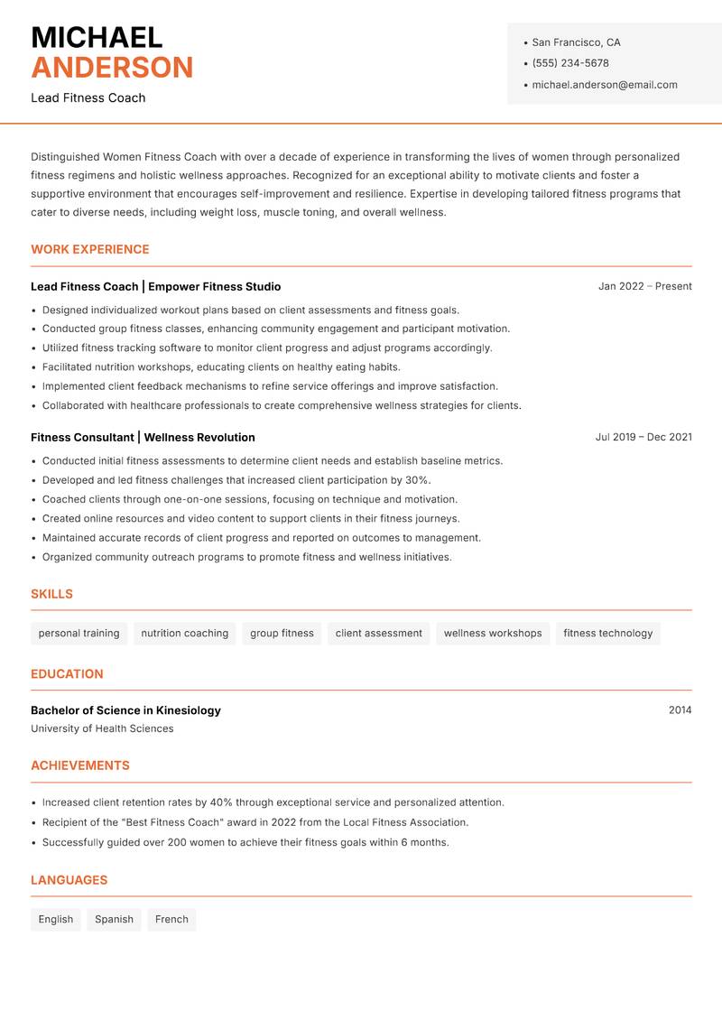 Women Fitness Coach Resume Template