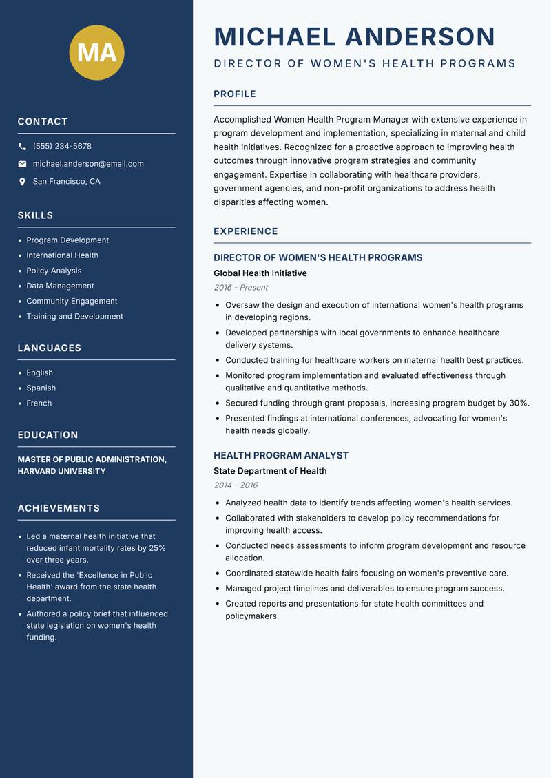 Women Health Program Manager Resume Preview Example