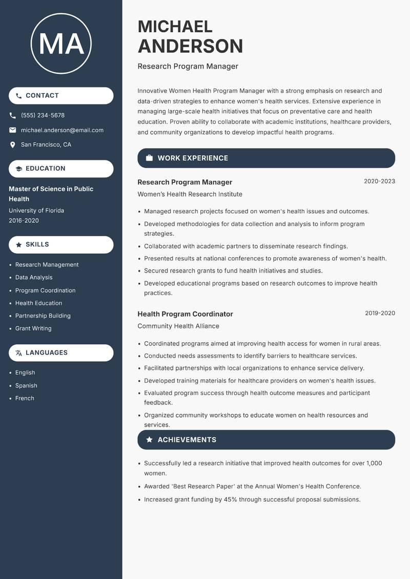 Women Health Program Manager Resume Preview Example