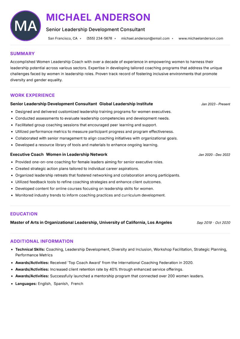 Women Leadership Coach Resume Preview Example