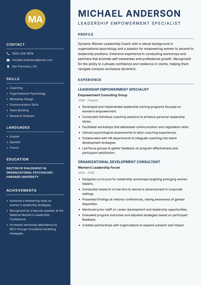 Women Leadership Coach Resume Preview Example
