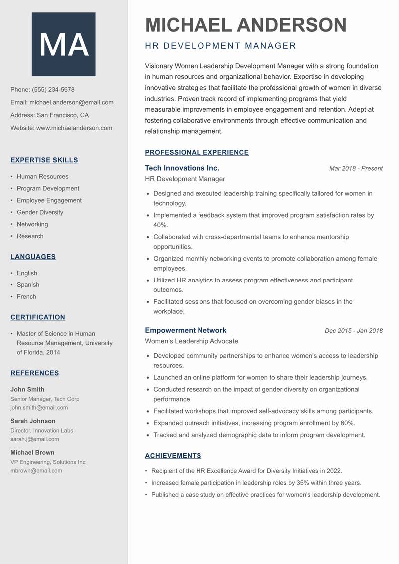 Women Leadership Development Manager Resume Preview Example
