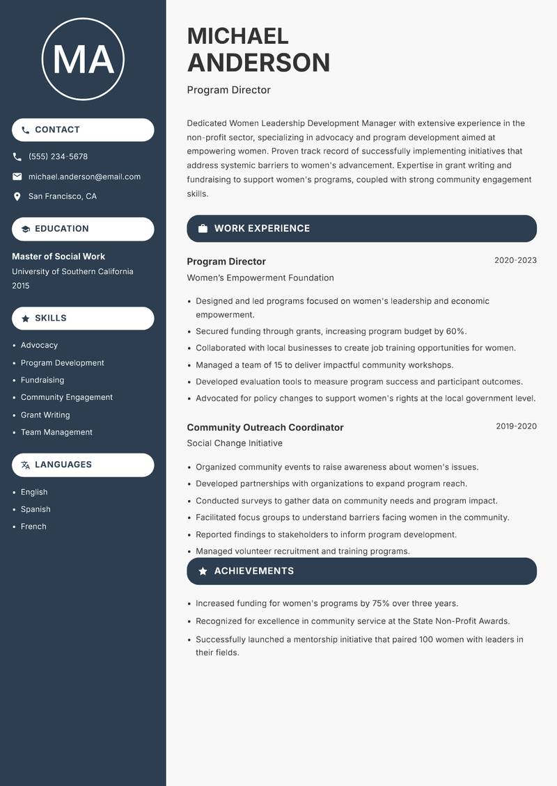 Women Leadership Development Manager Resume Preview Example