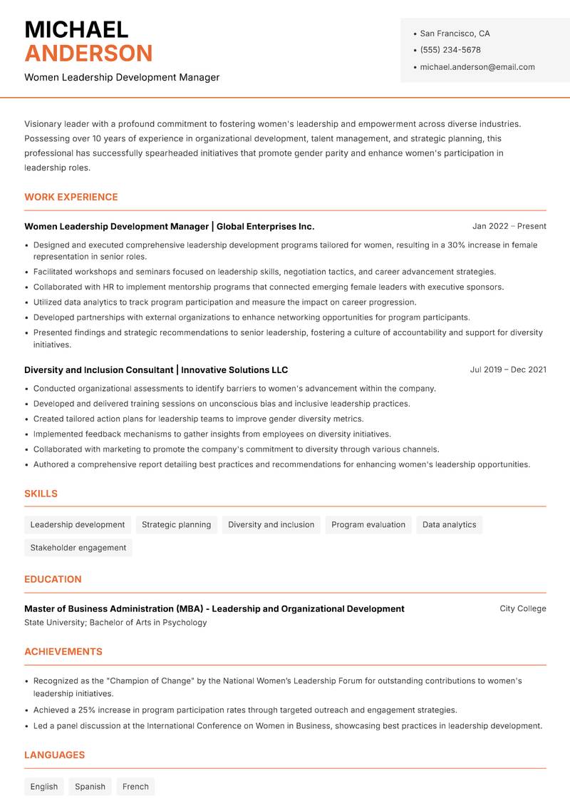 Women Leadership Development Manager Resume Template