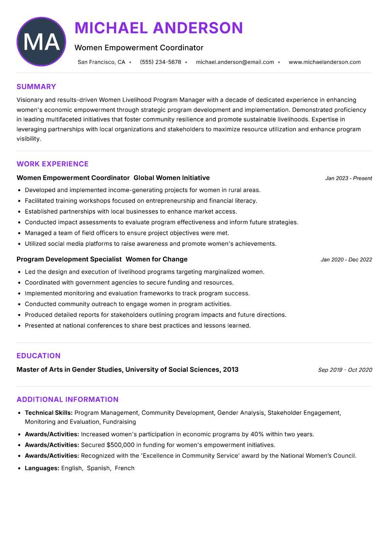 Women Livelihood Program Manager Resume Preview Example