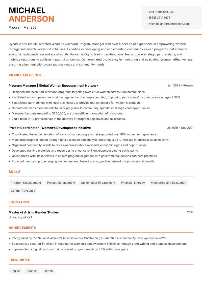 Women Livelihood Program Manager Resume Template