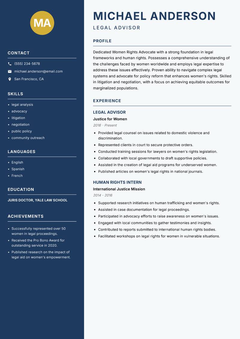 Women Rights Advocate Resume Preview Example
