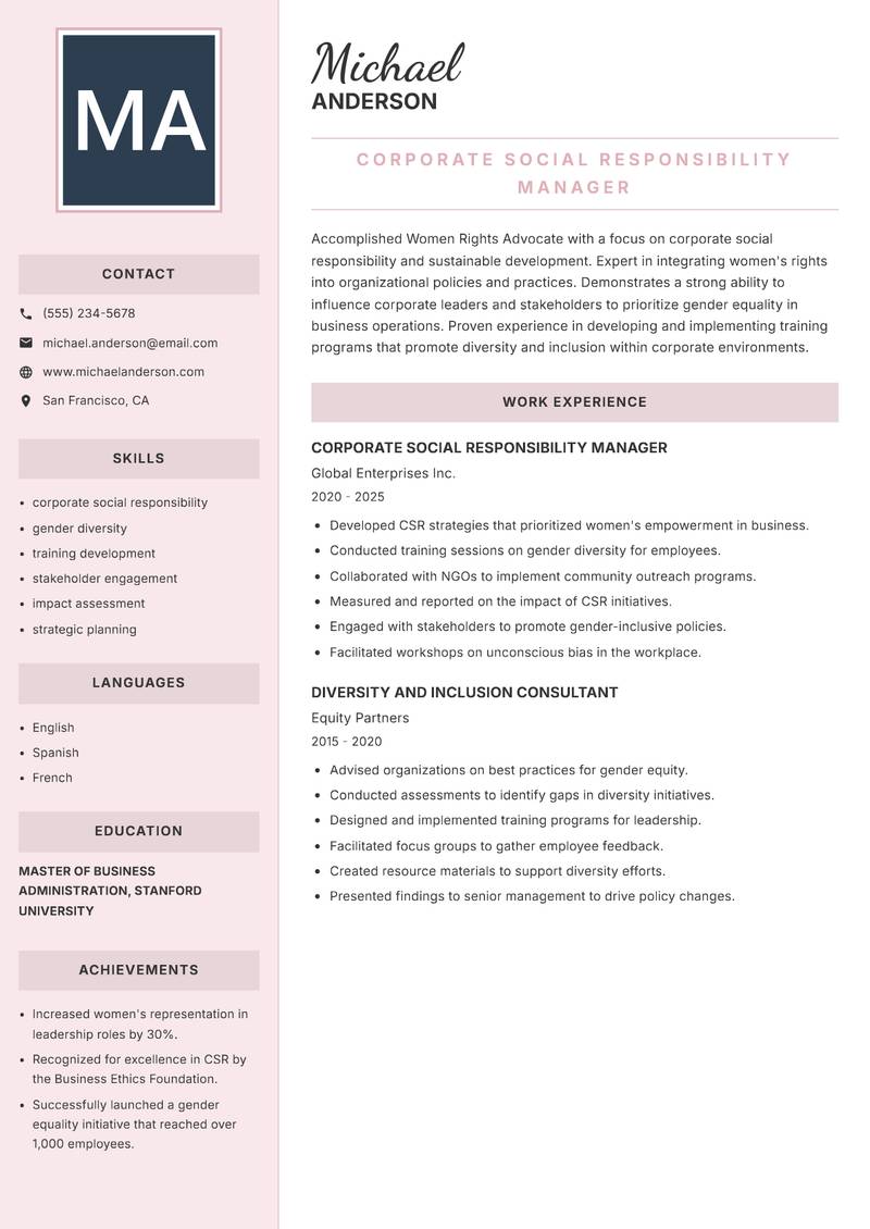 Women Rights Advocate Resume Preview Example