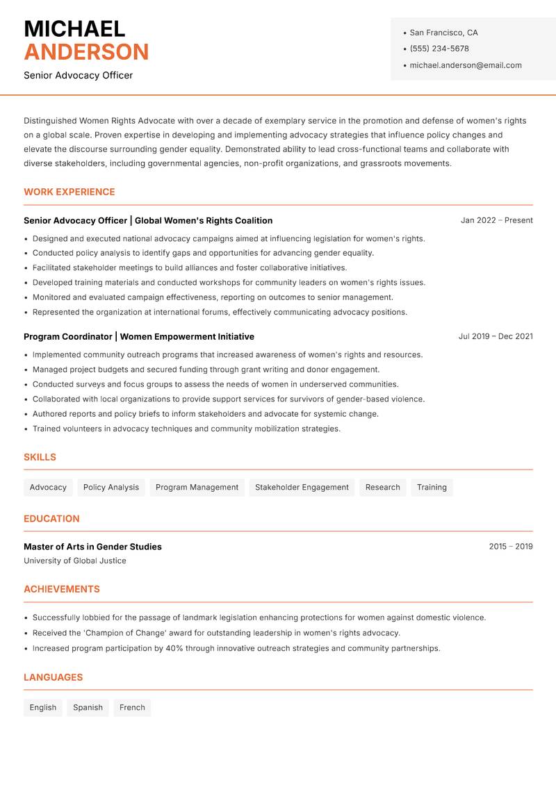 Women Rights Advocate Resume Template