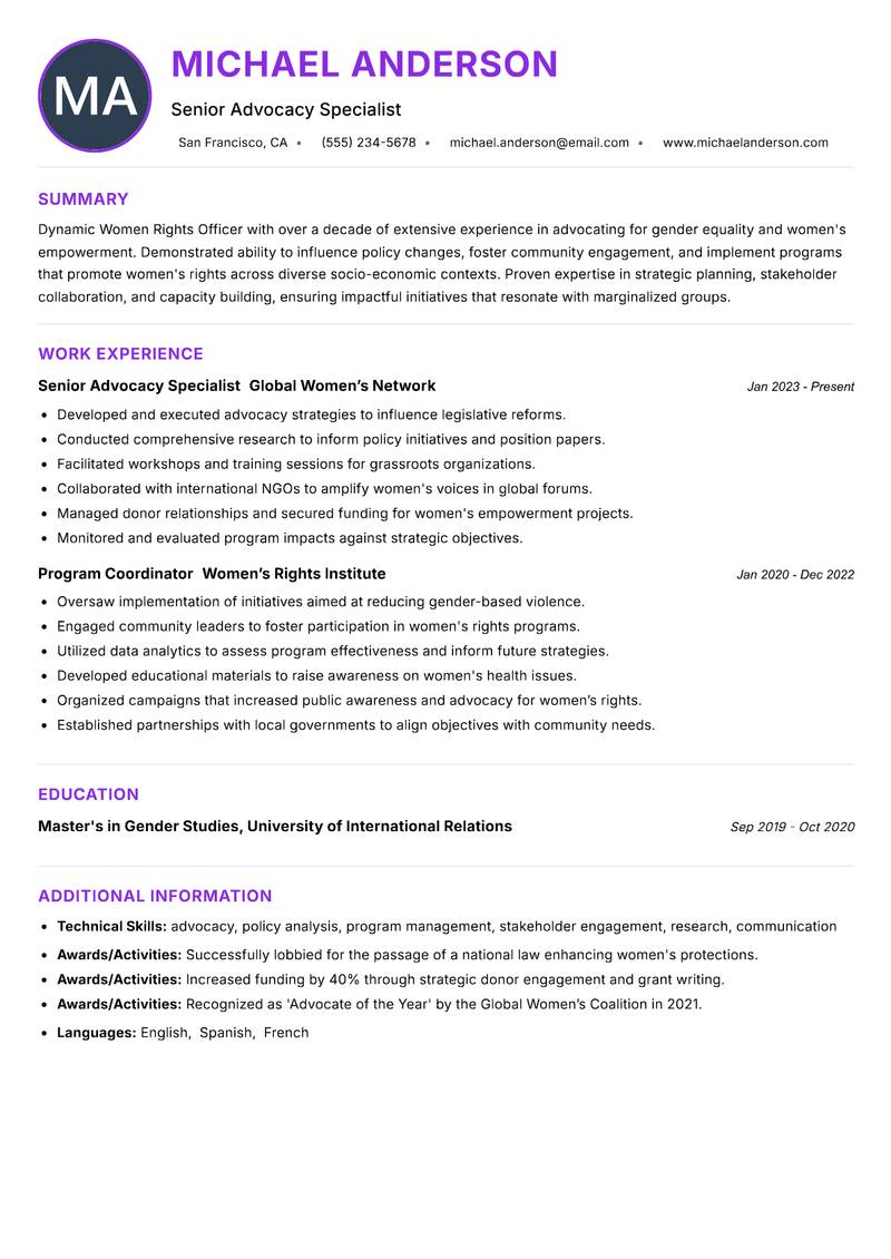 Women Rights Officer Resume Preview Example