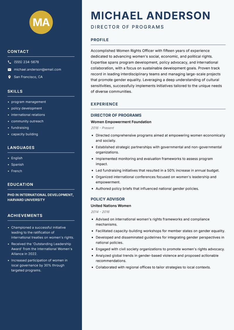 Women Rights Officer Resume Preview Example