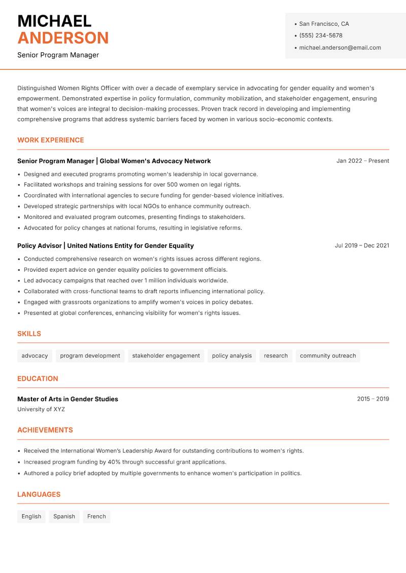 Women Rights Officer Resume Template