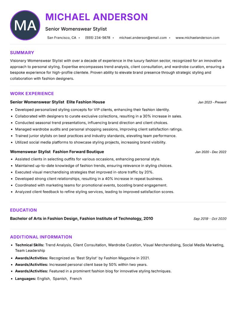 Womenswear Stylist Resume Preview Example