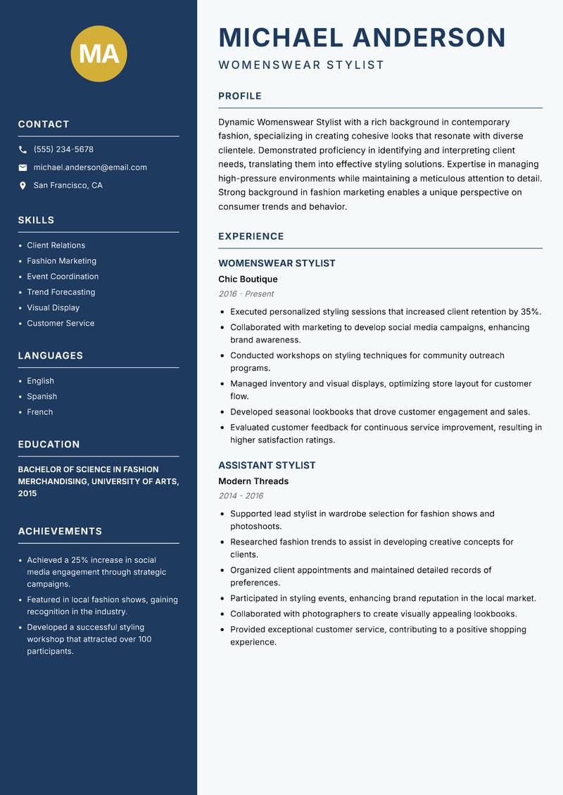 Womenswear Stylist Resume Preview Example