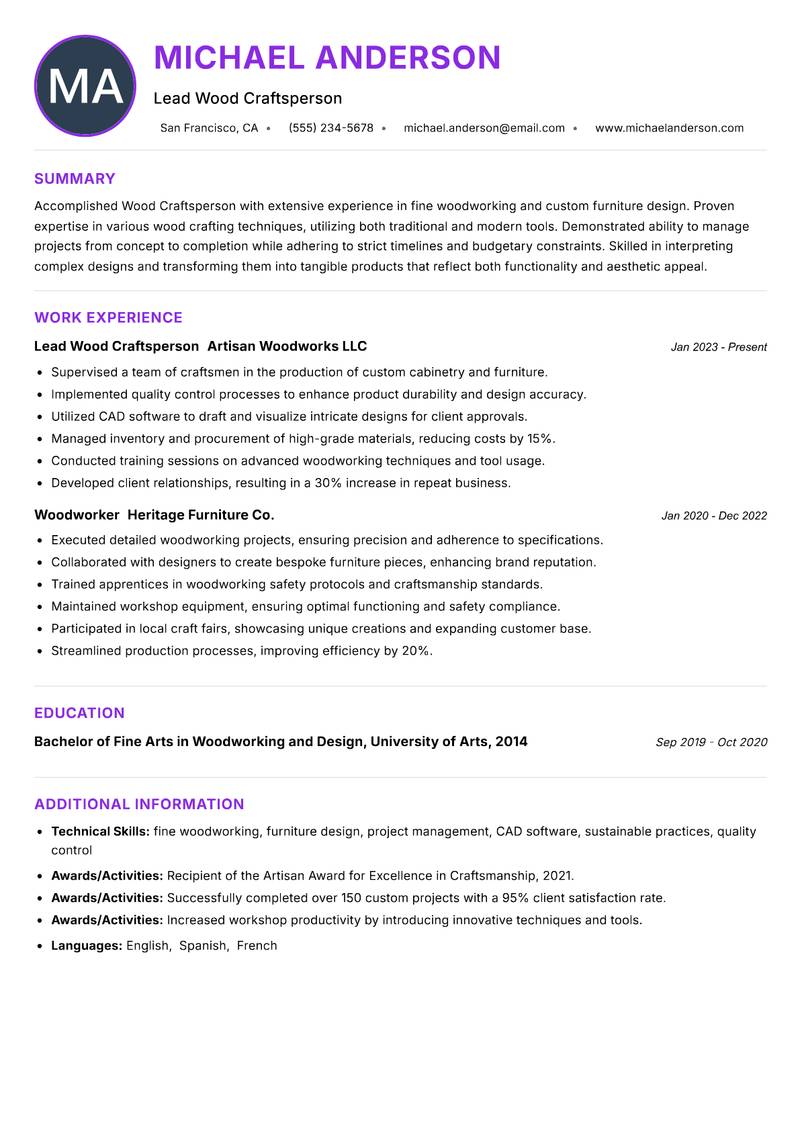 Wood Craftsperson Resume Preview Example