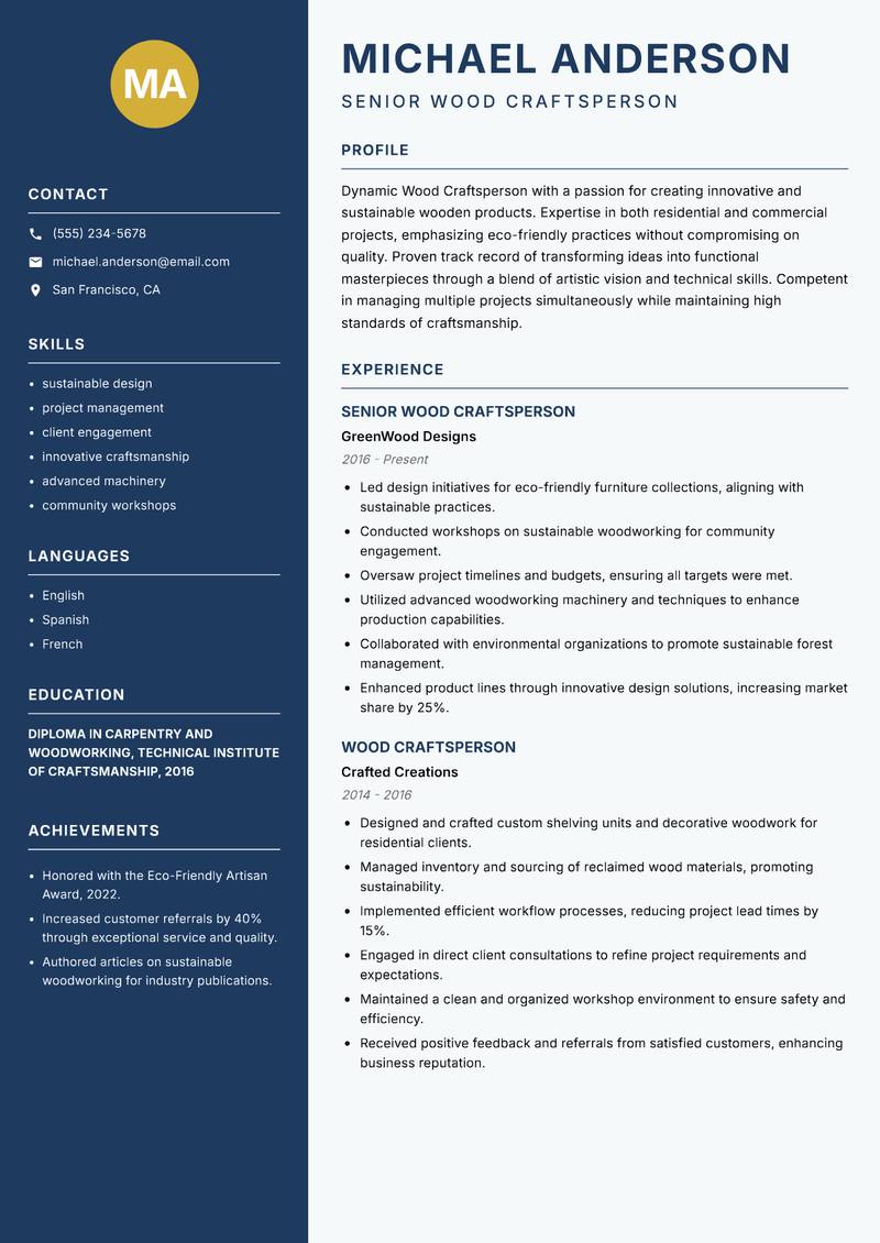Wood Craftsperson Resume Preview Example