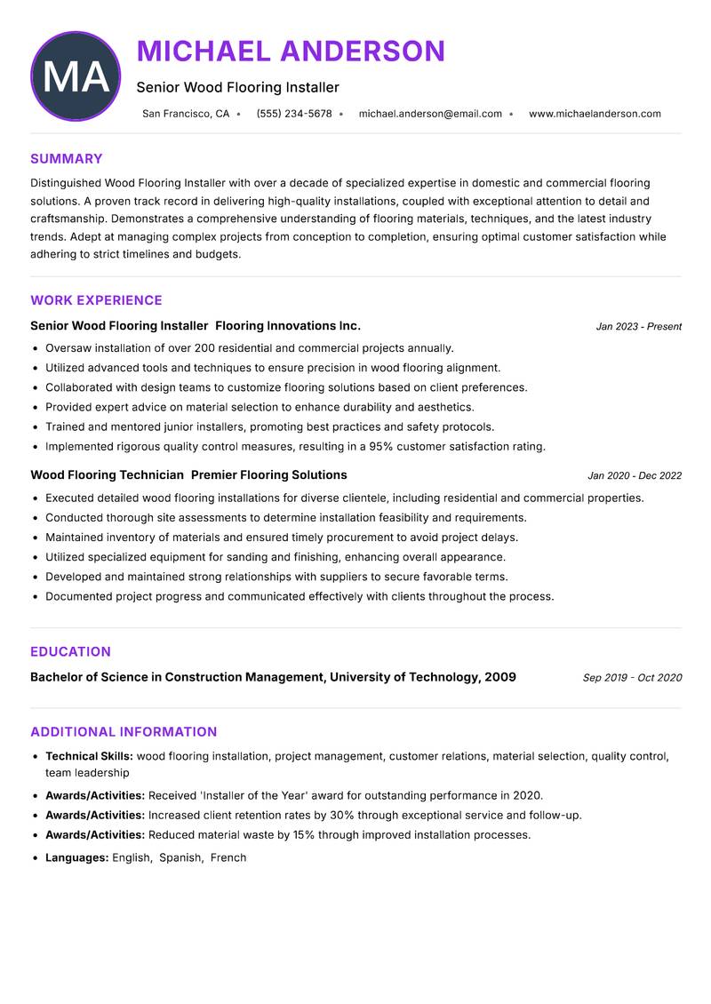 Wood Flooring Installer Resume Preview Example