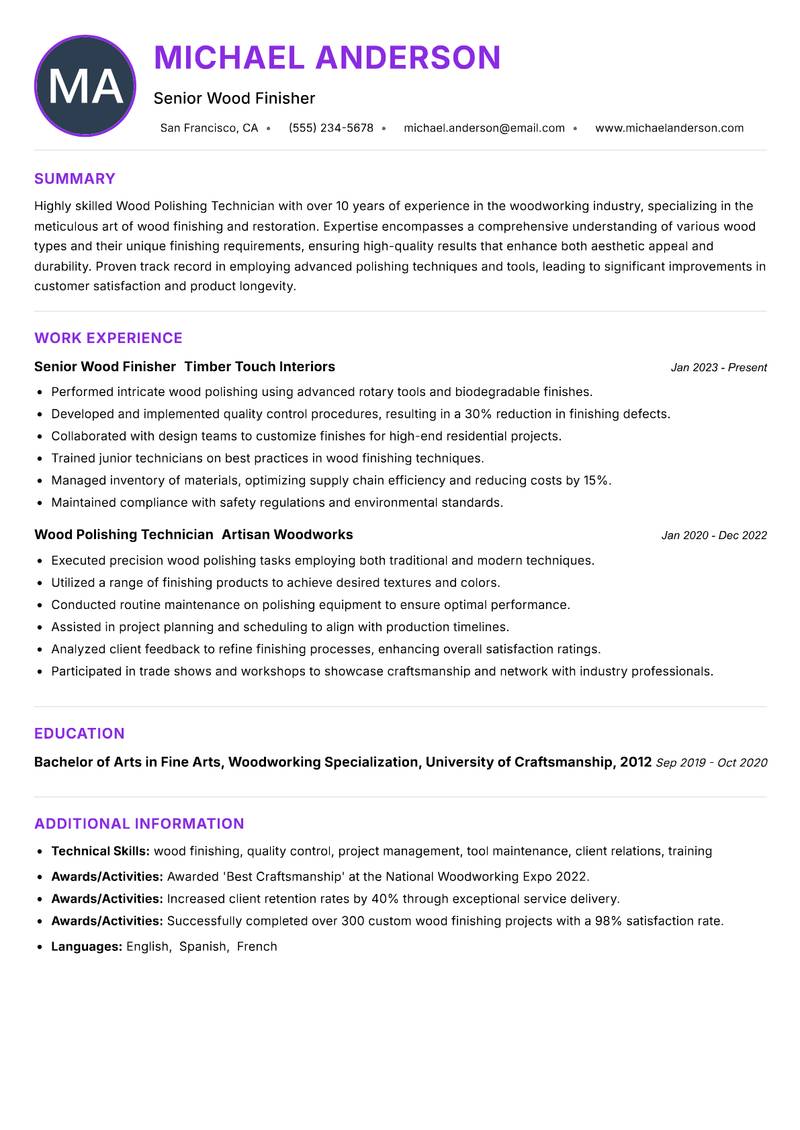 Wood Polishing Technician Resume Preview Example