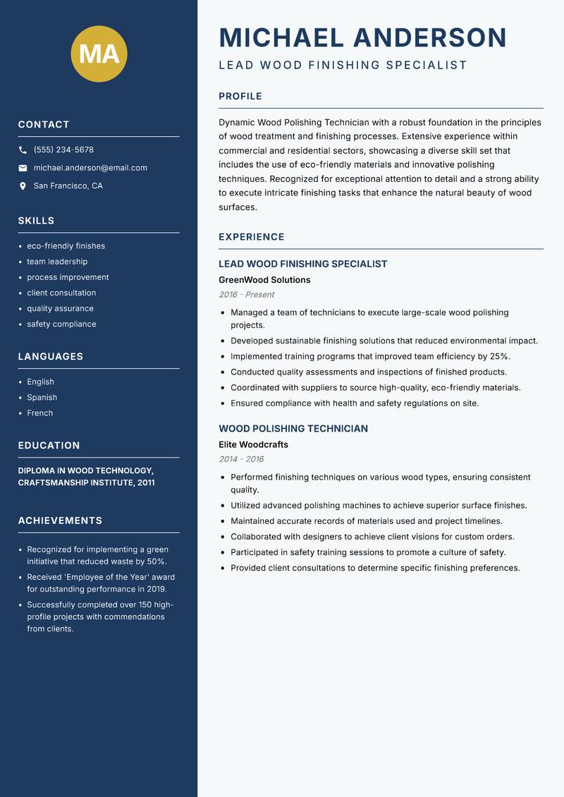 Wood Polishing Technician Resume Preview Example