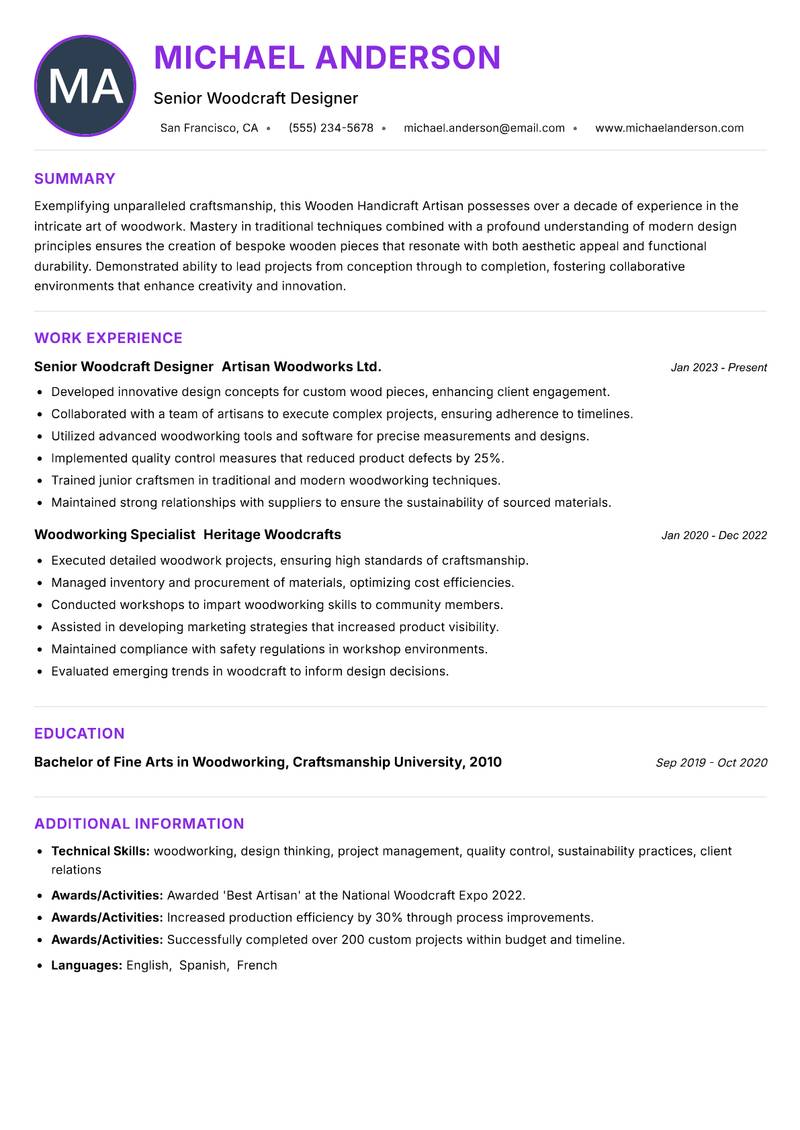 Wooden Handicraft Artisan Resume Preview Example