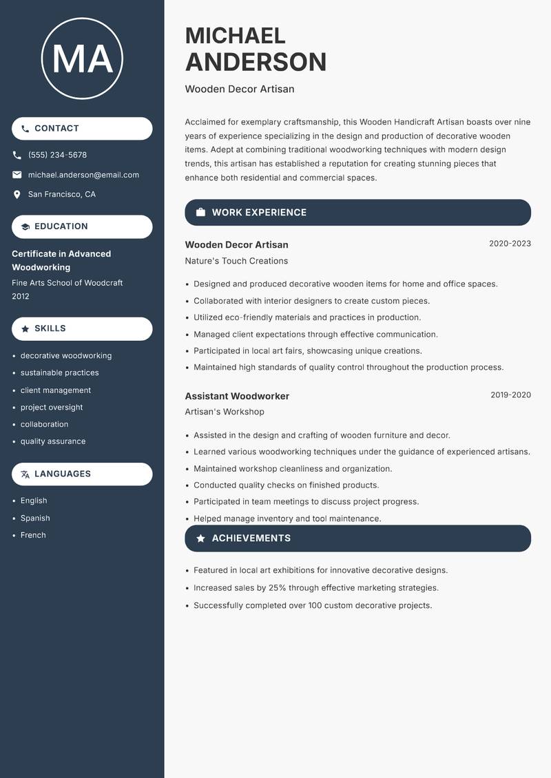 Wooden Handicraft Artisan Resume Preview Example