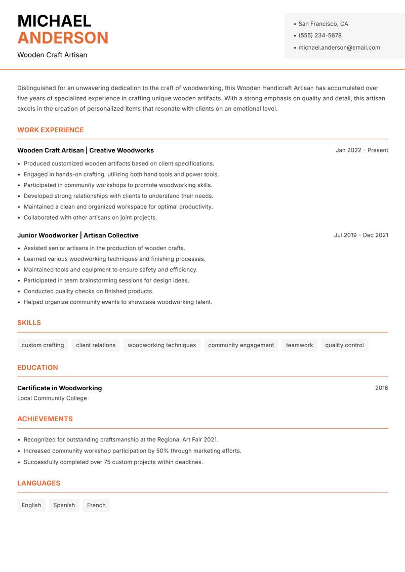 Wooden Handicraft Artisan Resume Template