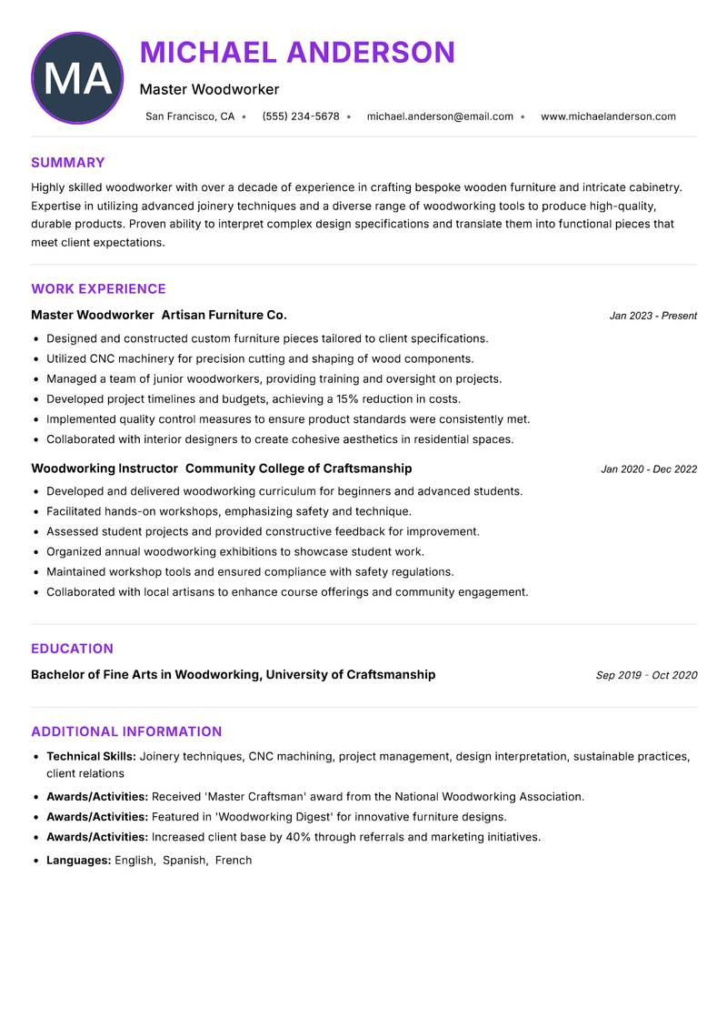 Woodworker Resume Preview Example