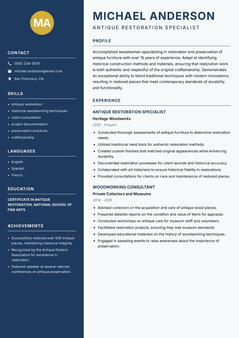 Woodworker Resume Preview Example