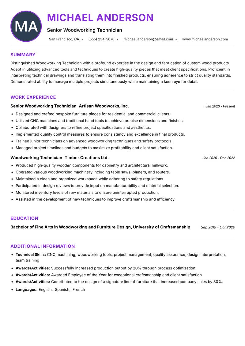Woodworking Technician Resume Preview Example