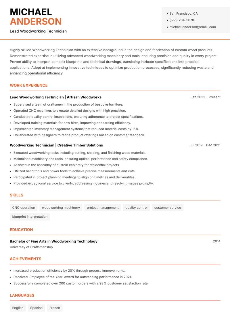 Woodworking Technician Resume Template