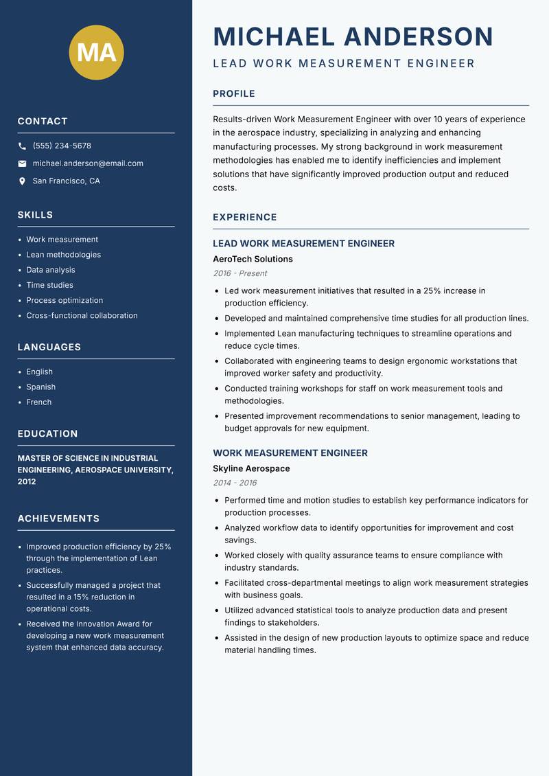 Work Measurement Engineer Resume Preview Example