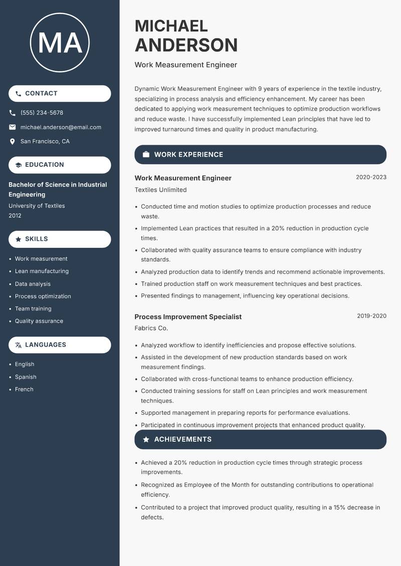 Work Measurement Engineer Resume Preview Example