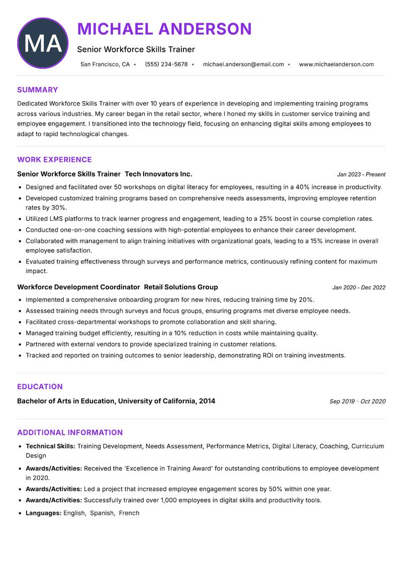 Workforce Skills Trainer Resume Preview Example
