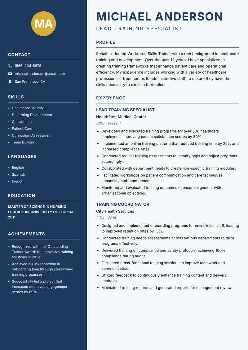 Workforce Skills Trainer Resume Preview Example