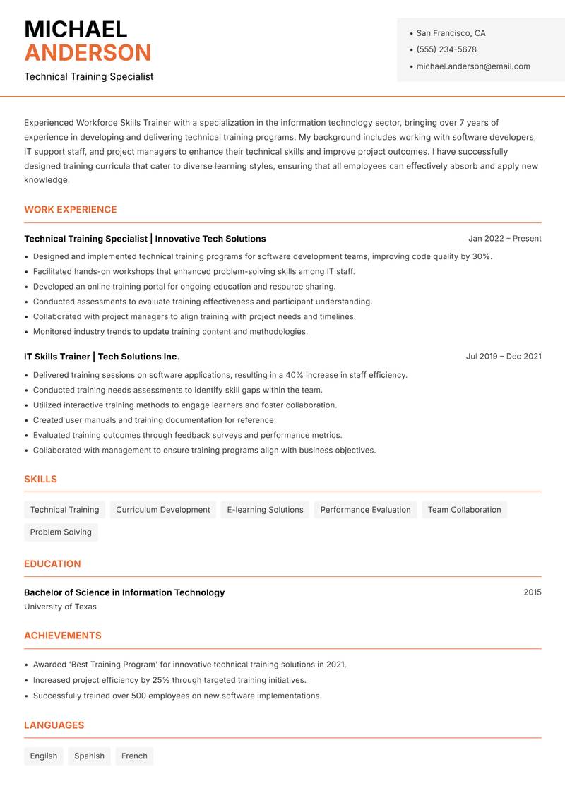 Workforce Skills Trainer Resume Template