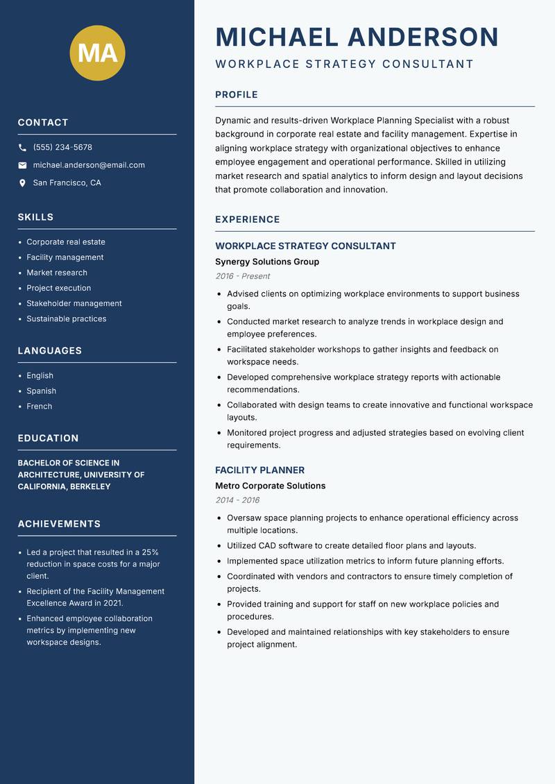 Workplace Planning Specialist Resume Preview Example