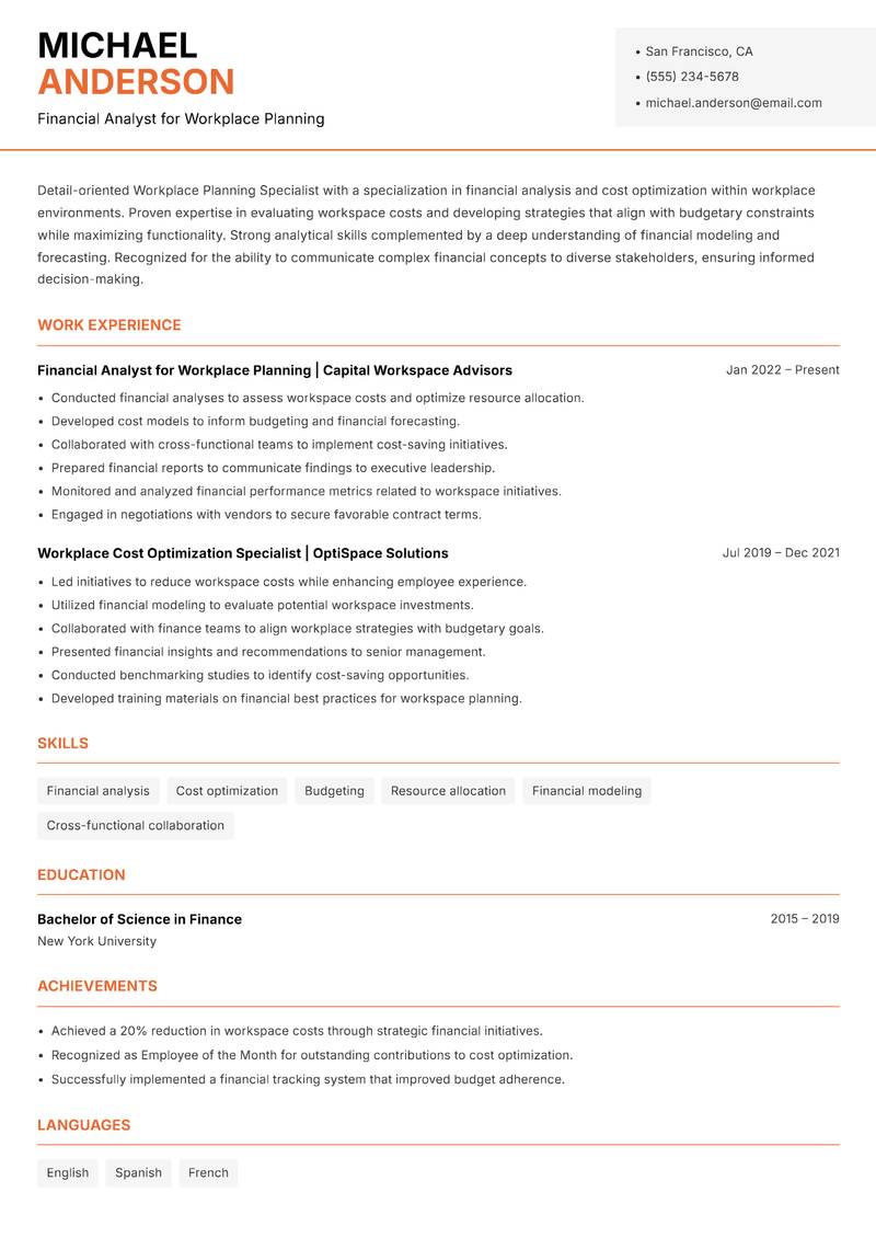 Workplace Planning Specialist Resume Template