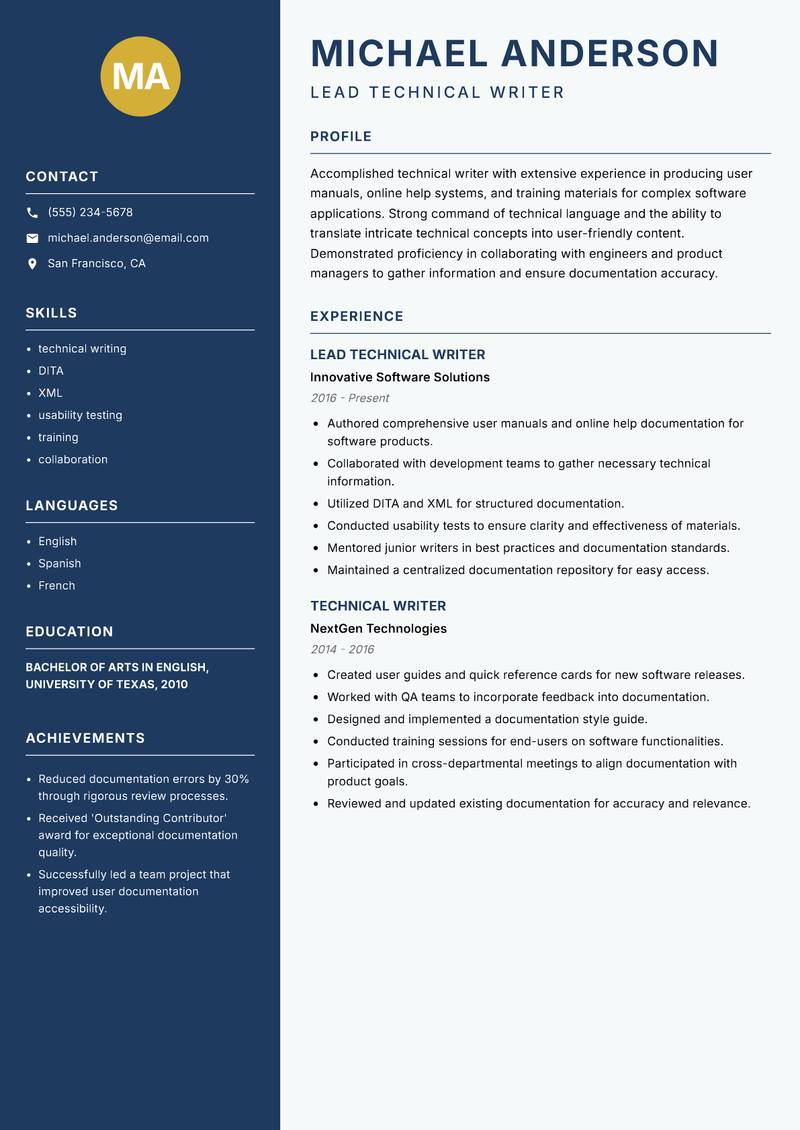 Writer Resume Preview Example