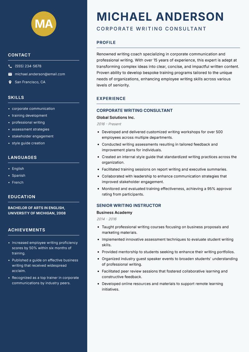 Writing Coach Resume Preview Example