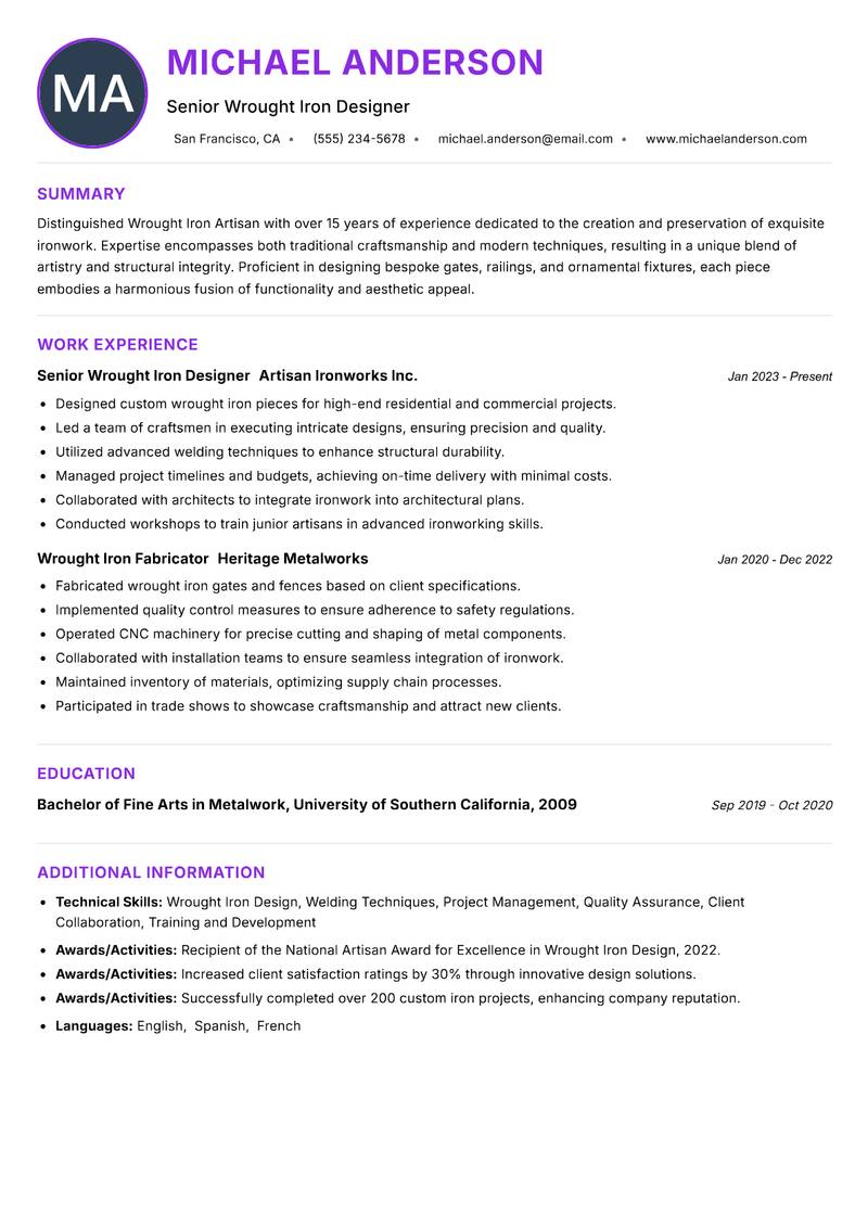 Wrought Iron Artisan Resume Preview Example