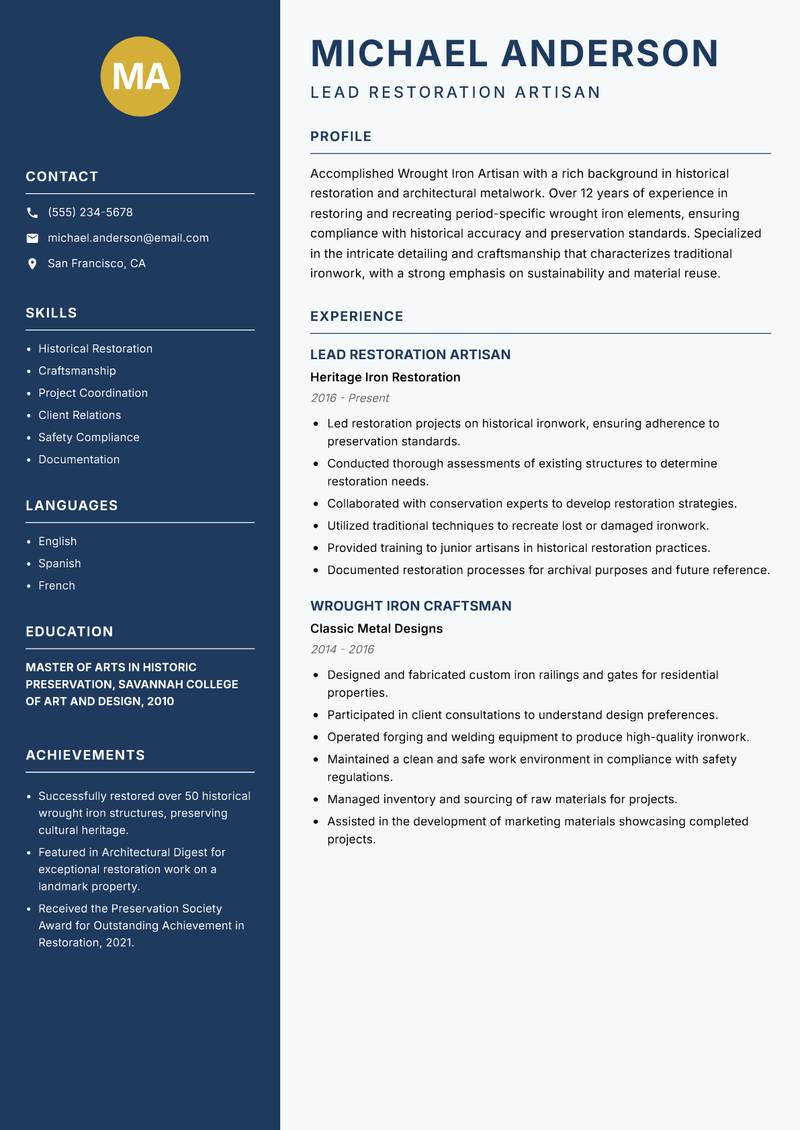 Wrought Iron Artisan Resume Preview Example
