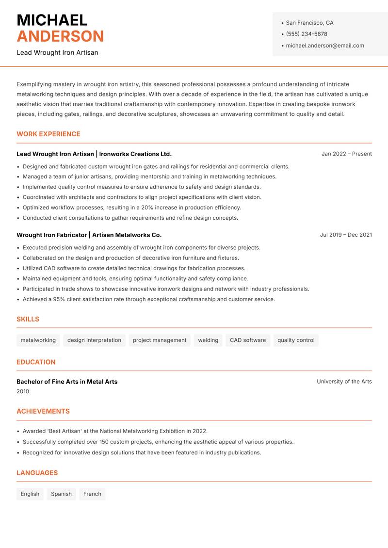 Wrought Iron Artisan Resume Template